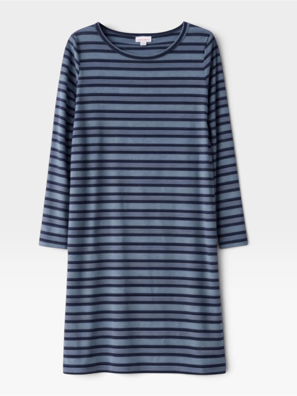 LuLaRoe Debbie Dress L Blue Gray Striped Long Sleeve Stretch NWOT